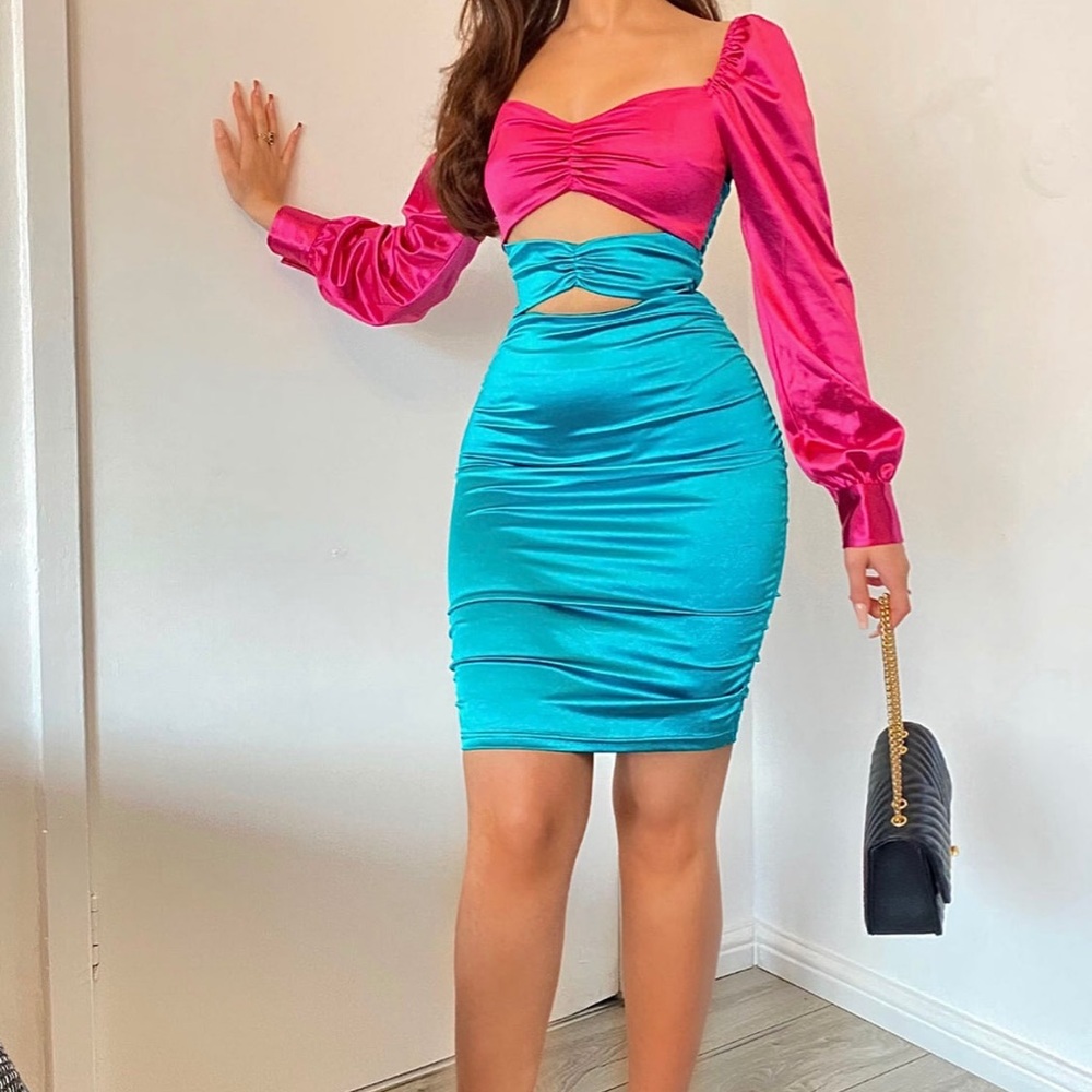 Pink and blue satin dress fashion nova.